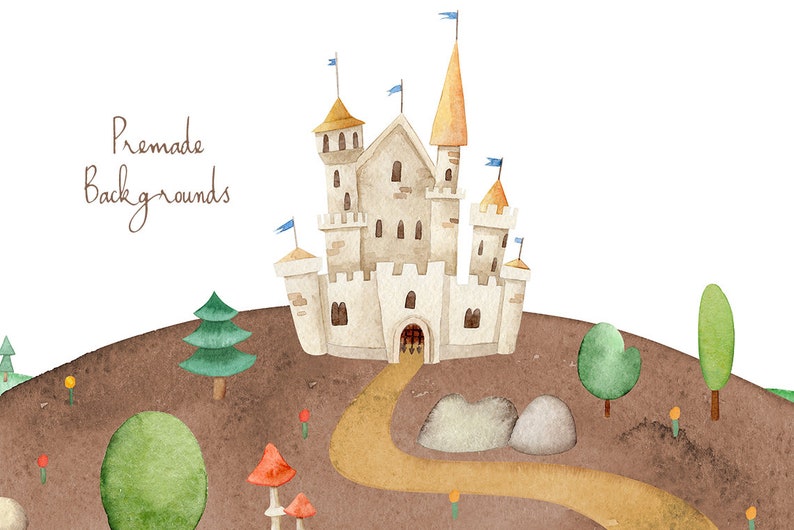 May include: A watercolour illustration of a white castle with yellow accents on a hilltop. The castle has a path leading to the front door. There are trees and mushrooms surrounding the castle.