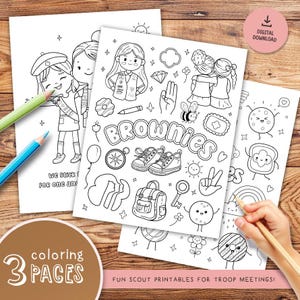 Pagine da colorare stampabili delle Brownie Scout – Attività divertenti per le riunioni di gruppo, PDF a tema Girl Scout per bambini, download immediato
