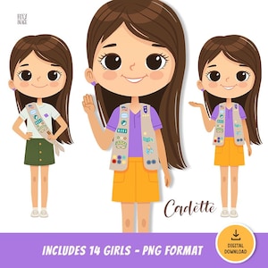Scout Girls Clipart, Troop Cadette PNG, Camping Adventure Girls Digital Download, Kids Camp Characters, Uniform Girls Illustration