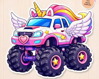 Sparkle Unicorn Monster Truck Clipart, Girls Sticker Design (PNG Digital Download)