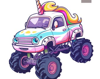 Clipart z jednorożcem i monster truckiem: Rainbow Offroad PNG i JPEG (pobieranie cyfrowe)