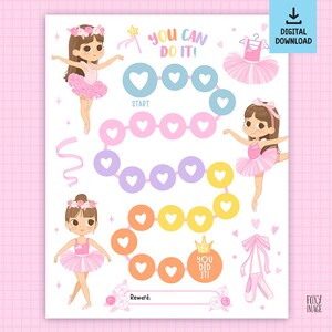 May include: A digital download ballet-themed reward chart. The chart features illustrations of ballerinas in pink tutus, a tutu on a hanger, and ballet shoes. The text "YOU CAN DO IT!" and "YOU DID IT!" are included.