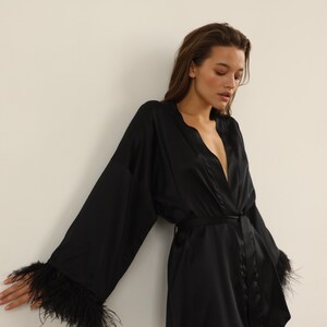 Silk kimono robe with feather Bride robe Black short robe with long sleeves Boudoir robe Bridal robe Dressing gown Bridesmaid gift image 7