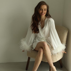 Bridal Feather Robe, Short White Satin Silk Robe with Detachable Sleeves image 3