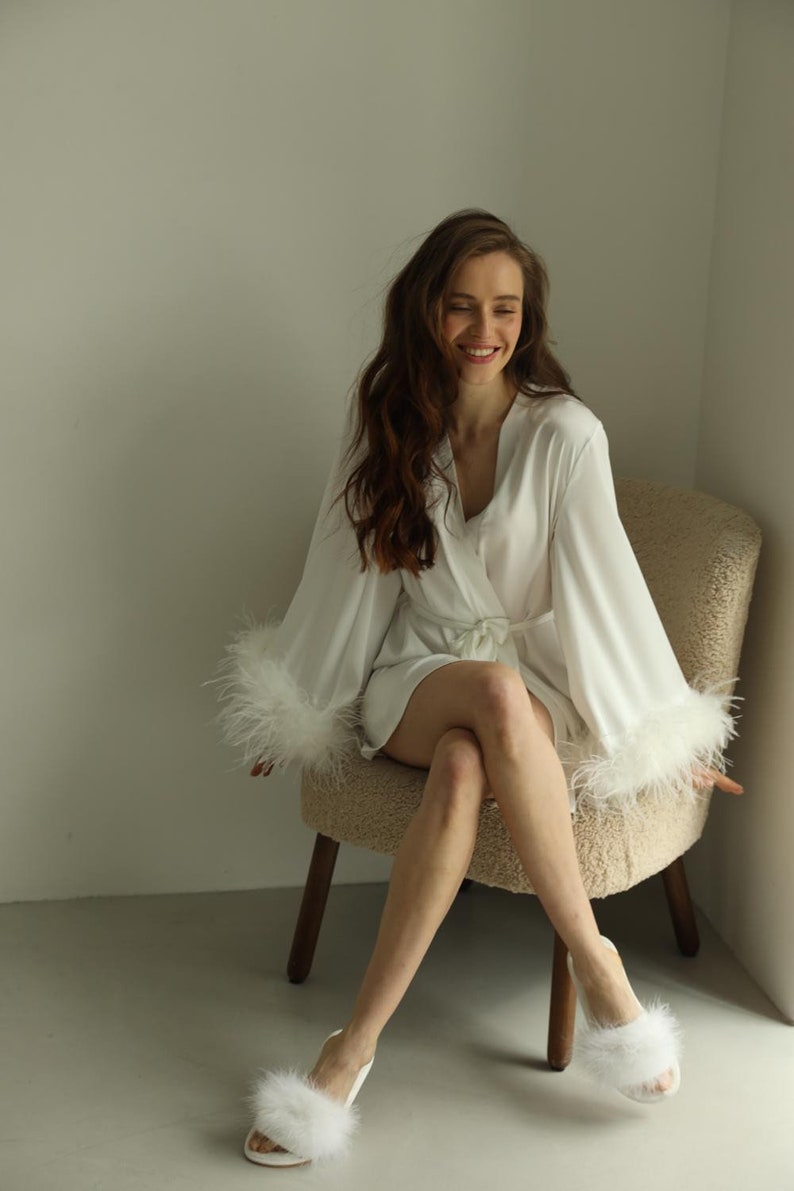 Bridal Feather Robe, Short White Satin Silk Robe with Detachable Sleeves image 3