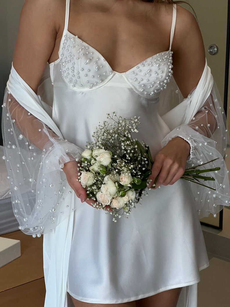 White bridal silk slip dress with pearls Honeymoon sexy lingerie Women silk nightgown Boudoir wedding nightgown Short lace dress image 2