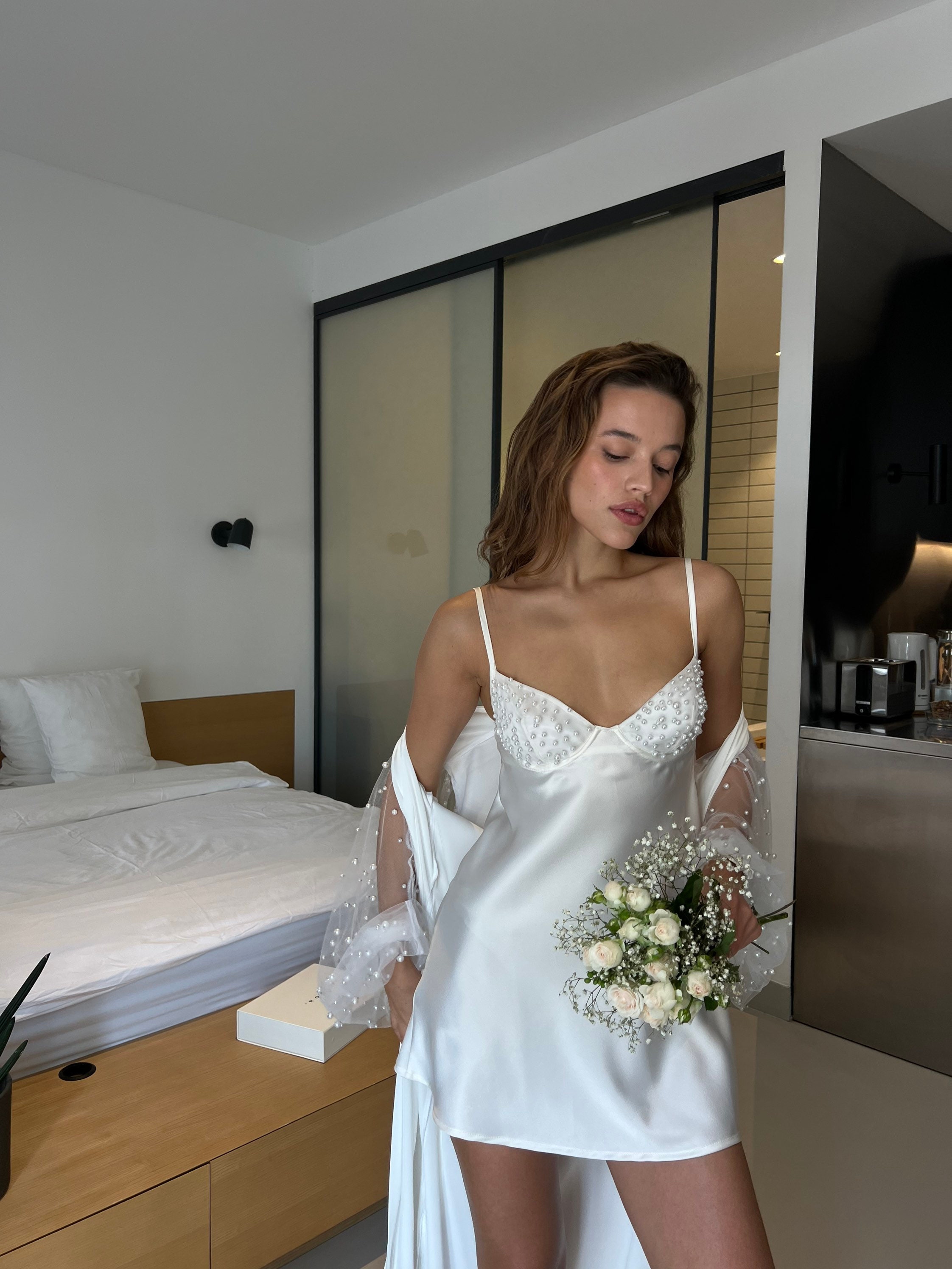 White Bridal Silk Slip Dress With Pearls Honeymoon Sexy Lingerie Women Silk  Nightgown Boudoir Wedding Nightgown Short Lace Dress - Etsy