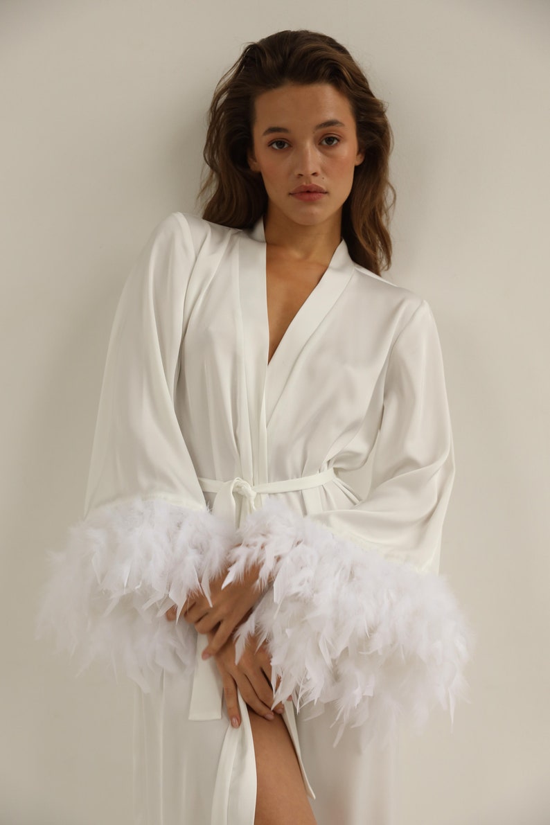 Bride Robe With Feather Sleeves White Boudoir Robe Long Silk Etsy