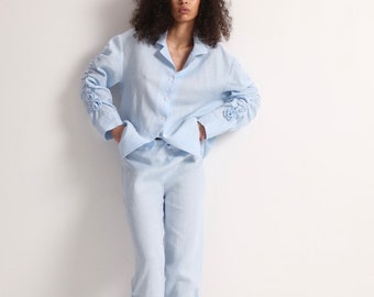 Blue linen pajama set Long sleeve pajama set Flower silk pajamas Bridal pajama Summer women pajama set with pants