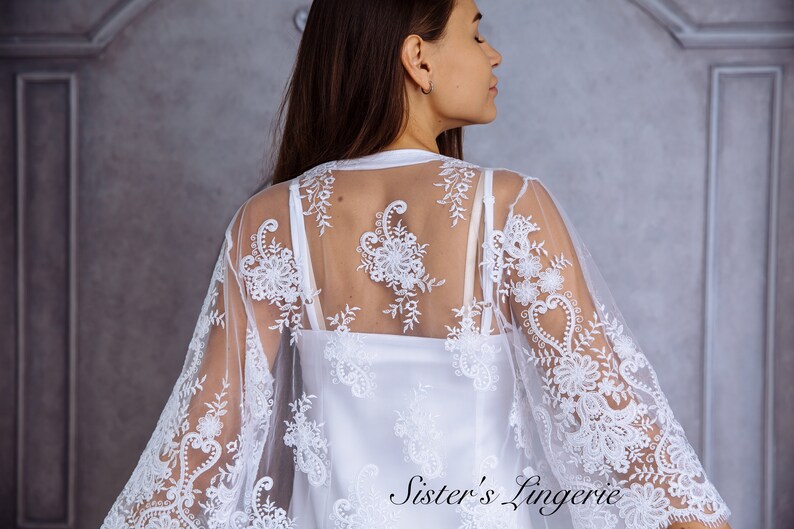 Bridal robe Lace bridal set Kimono robe Lace robe White robe White kimono Bride robe Boho robe Sheer robe Boudoir robe Short robe Beach robe