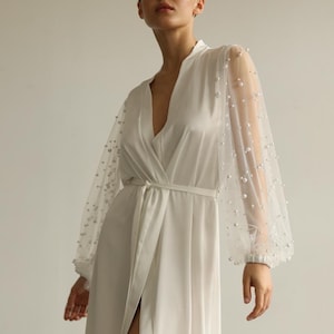 Bridal robe with wide sleeves Bride robe Long white robe Satin silk boudoir robe Dressing gown  Bridesmaid gift