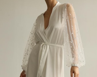 Bridal robe with wide sleeves Bride robe Long white robe Satin silk boudoir robe Dressing gown  Bridesmaid gift