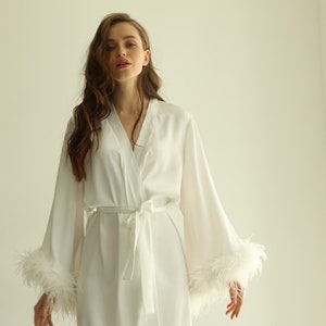 Bridal Feather Robe, Short White Satin Silk Robe with Detachable Sleeves image 8