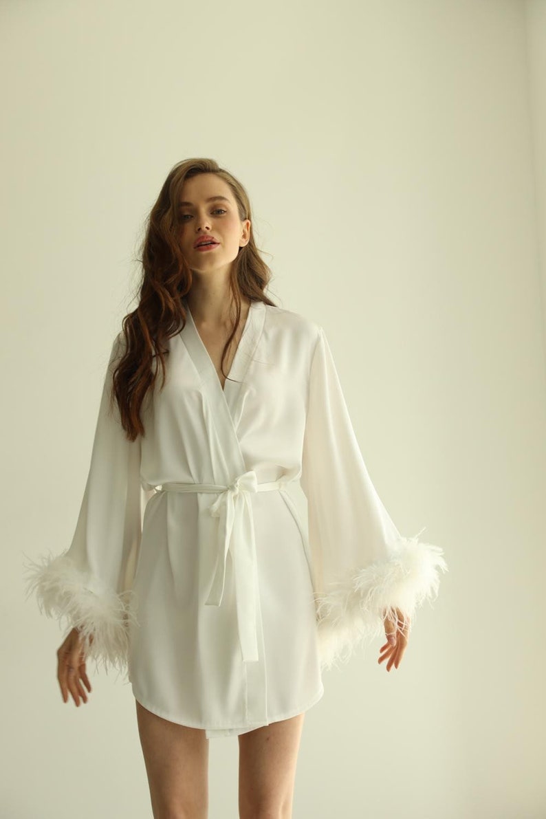 Bridal Feather Robe, Short White Satin Silk Robe with Detachable Sleeves image 8