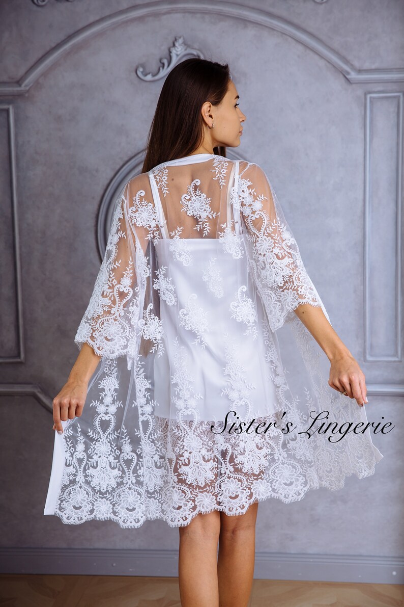 Bridal robe Lace bridal set Kimono robe Lace robe White robe White kimono Bride robe Boho robe Sheer robe Boudoir robe Short robe Beach robe
