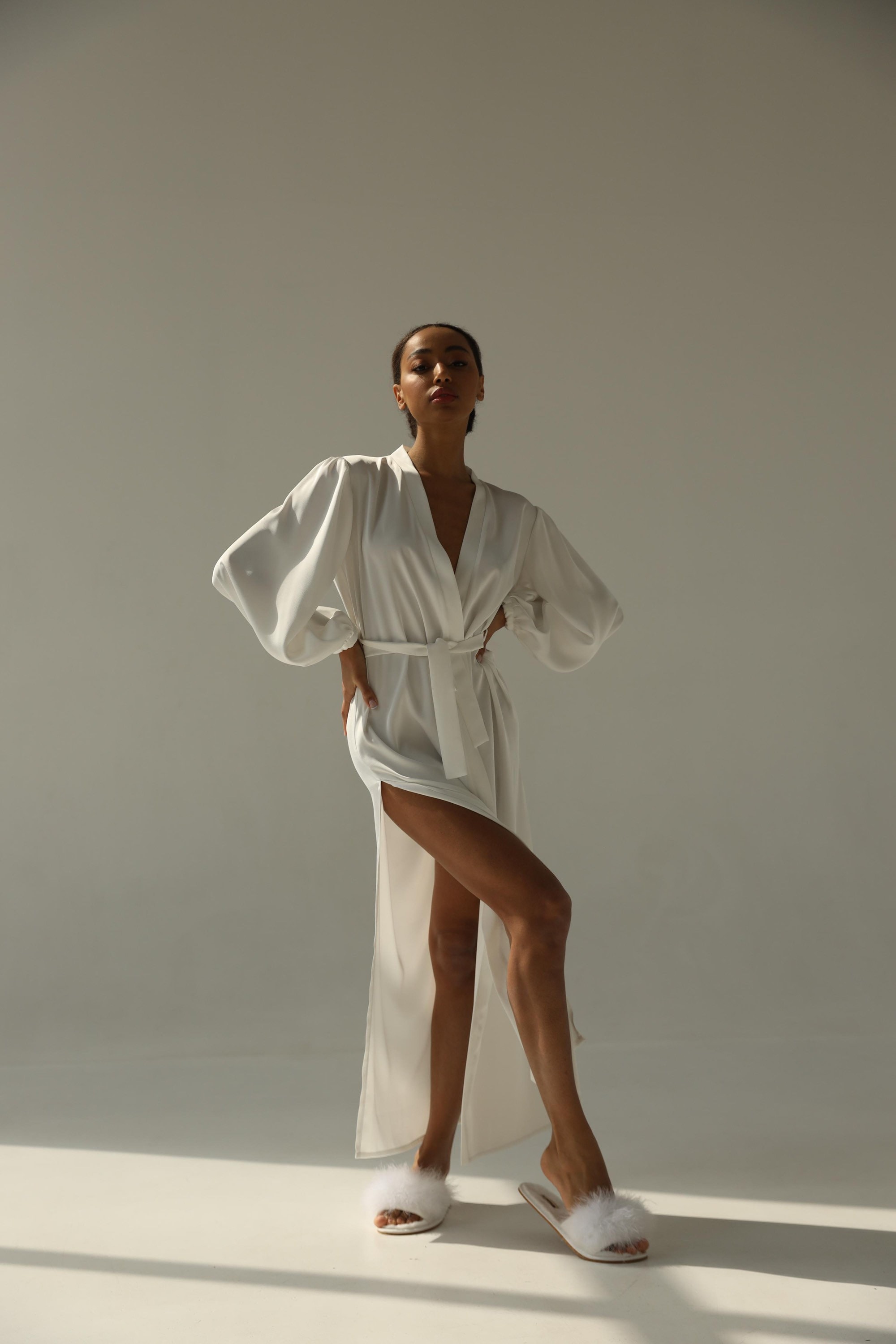 Bridal robe with wide sleeves Bride robe Long white robe Satin silk boudoir robe Dressing gown  Bridesmaid gift