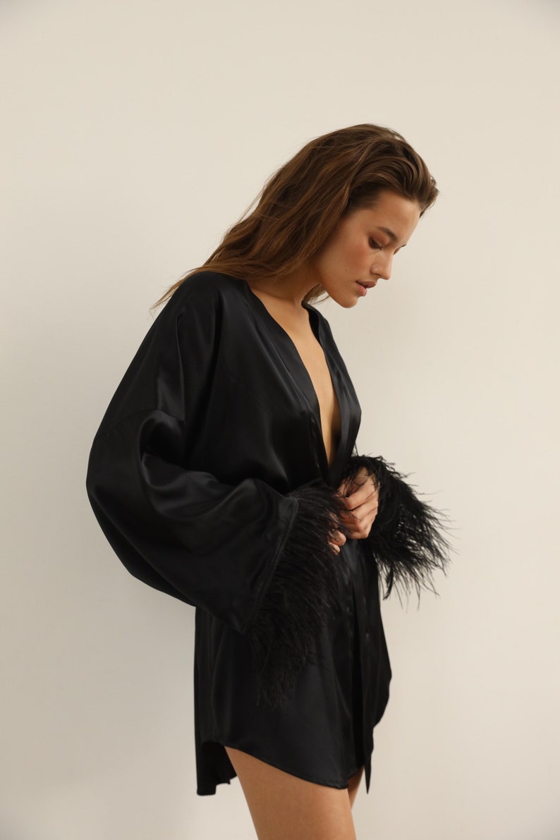 Silk kimono robe with feather Bride robe Black short robe with long sleeves Boudoir robe Bridal robe Dressing gown Bridesmaid gift image 2