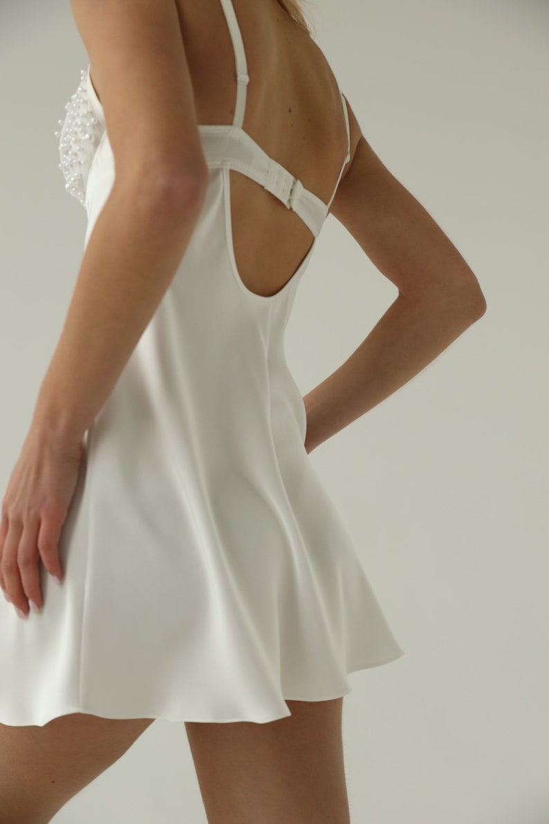White bridal silk slip dress with pearls Honeymoon sexy lingerie Women silk nightgown Boudoir wedding nightgown Short lace dress image 7