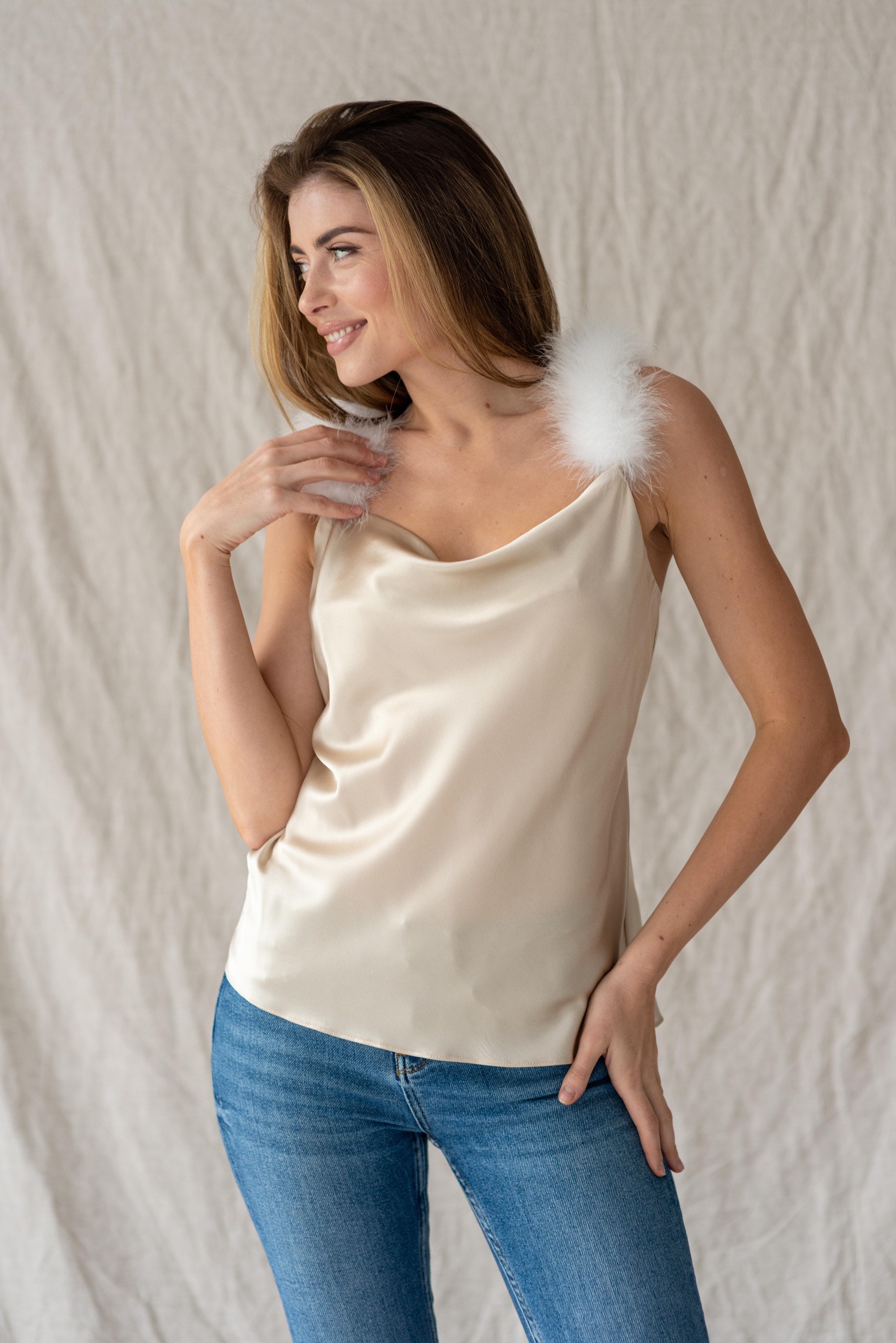 Beige pure silk camisole with feather Silk slip Silk tank top Etsy