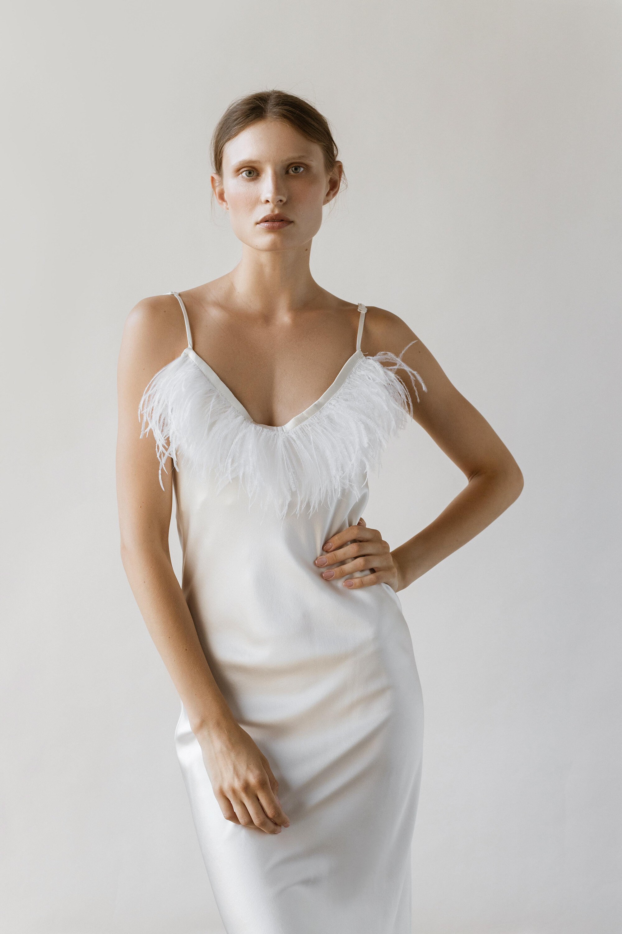 White simple wedding dress with feather Long real silk slip Etsy