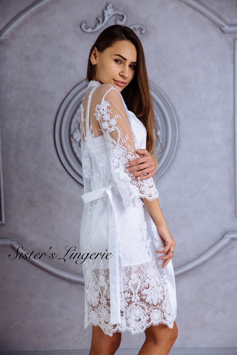 Bridal robe Lace bridal set Kimono robe Lace robe White robe White kimono Bride robe Boho robe Sheer robe Boudoir robe Short robe Beach robe