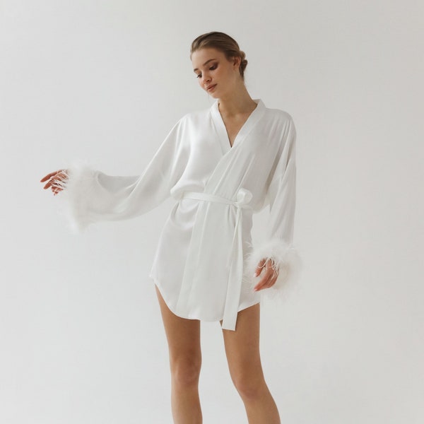 Bride robe with DETACHABLE feather sleeves Bridal robe Short white satin silk robe for wedding day morning wedding outfit Pre wedding gown