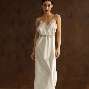 White bridal long silk slip dress with lace details and open back Satin silk dressing gown Bias cut slip dress 90s dress Silk lingerie