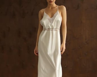 White bridal long slip dress with lace details Silk getting ready dress with open back Satin wedding slip dress Silk lingerie Bridal gift
