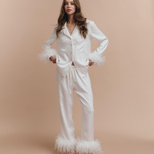White bride pajama with feathers Bridal pajama set Lyocell pajamas with feathers Bridal party pajama set  Summer women pants pajama set