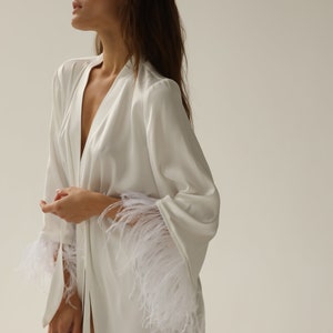 Bride robe with feather sleeves White boudoir robe Long silk robe Bridal lace robe Dressing gown Sheer robe Bridesmaid robes Bridesmaid gift image 7