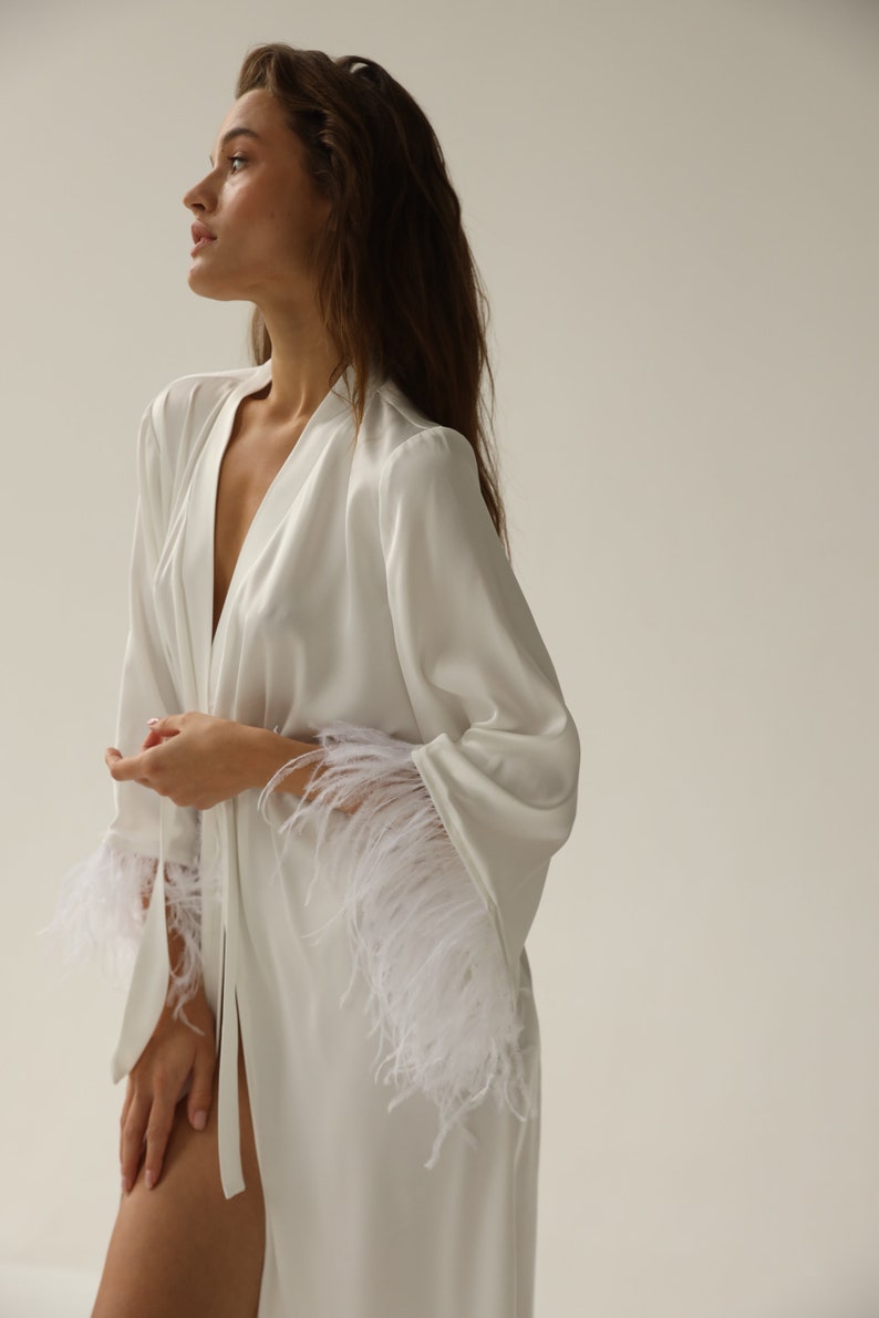 Bride robe with feather sleeves White boudoir robe Long silk robe Bridal lace robe Dressing gown Sheer robe Bridesmaid robes Bridesmaid gift image 7