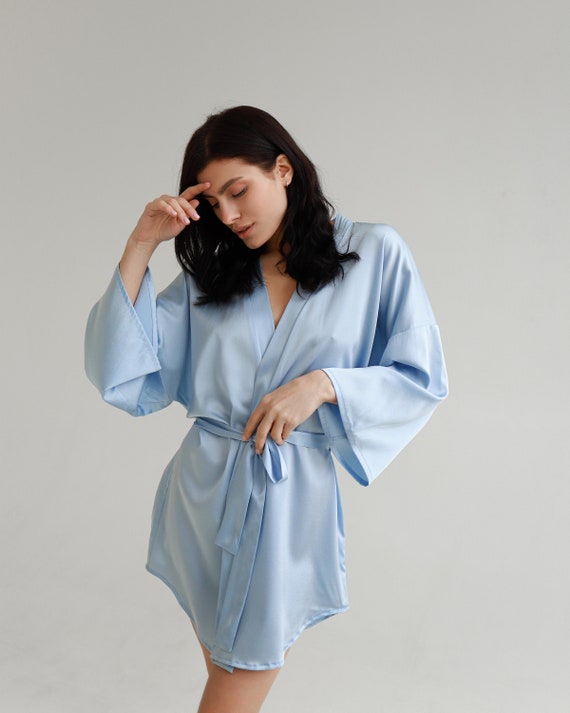 Pure Silk Kimono Robe Bride Robe Blue Short Robe With Long | Etsy