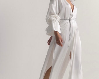 Bridal robe with wide sleeves Bride robe Long white robe Satin silk boudoir robe Dressing gown  Bridesmaid gift