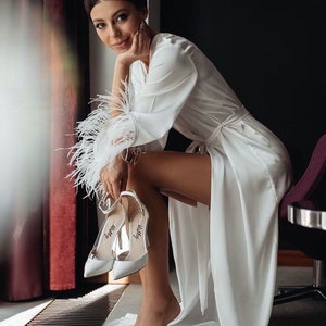 Bride robe with feather sleeves White boudoir robe Long silk robe Bridal lace robe Dressing gown Sheer robe Bridesmaid robes Bridesmaid gift image 1