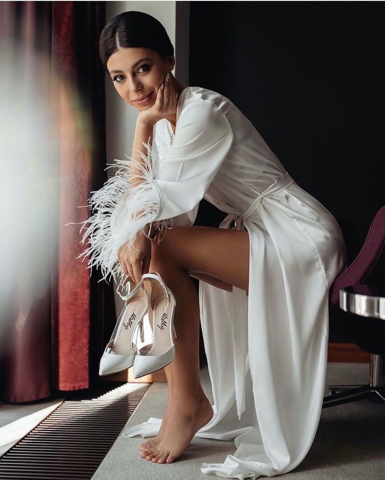 Bride robe with feather sleeves White boudoir robe Long silk robe Bridal lace robe Dressing gown Sheer robe Bridesmaid robes Bridesmaid gift image 1