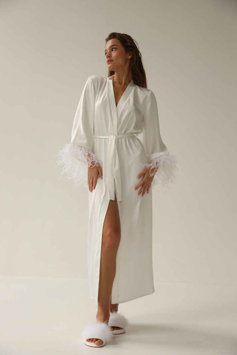 Bride robe with feather sleeves White boudoir robe Long silk robe Bridal lace robe Dressing gown Sheer robe Bridesmaid robes Bridesmaid gift image 9