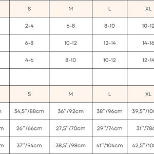 May include: Size chart for clothing with measurements in inches and centimeters. The chart includes sizes XS, S, M, L, XL, and XXL. The measurements are for bust, waist, and hips.