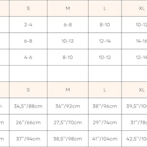 May include: A size chart for clothing with columns for XS, S, M, L, XL, and XXL. The chart includes measurements for bust, waist, and hips in inches and centimeters. The chart also includes US, UK, and AUS sizing.