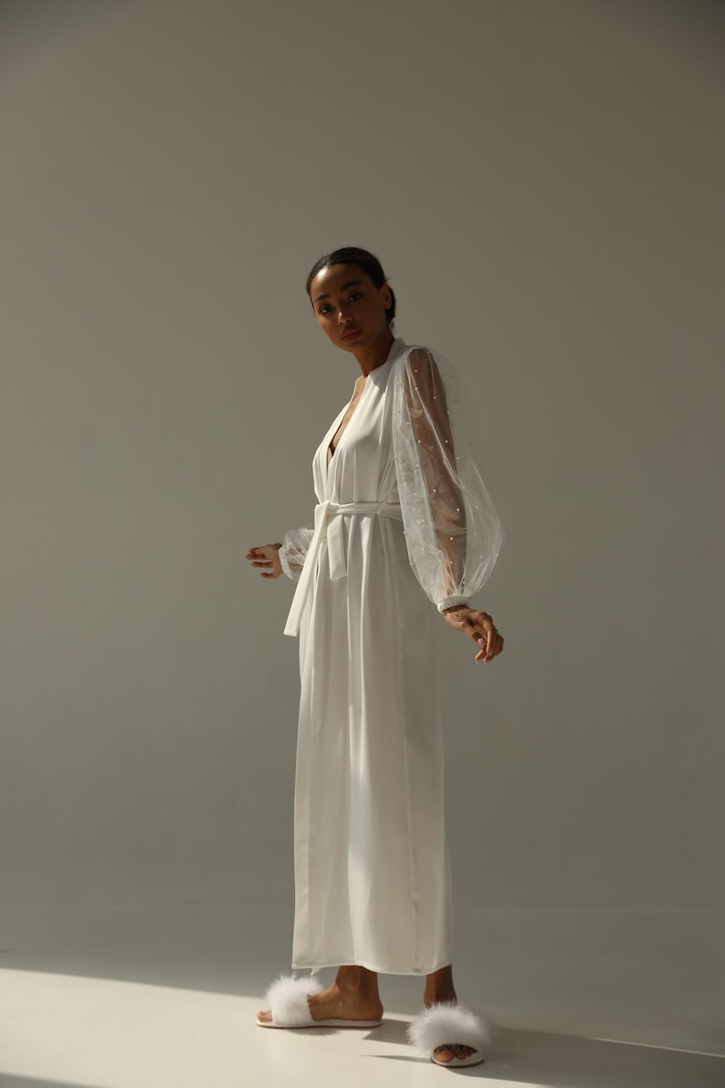 Bridal Robe With Wide Sleeves Bride Robe Long White Robe Satin Etsy