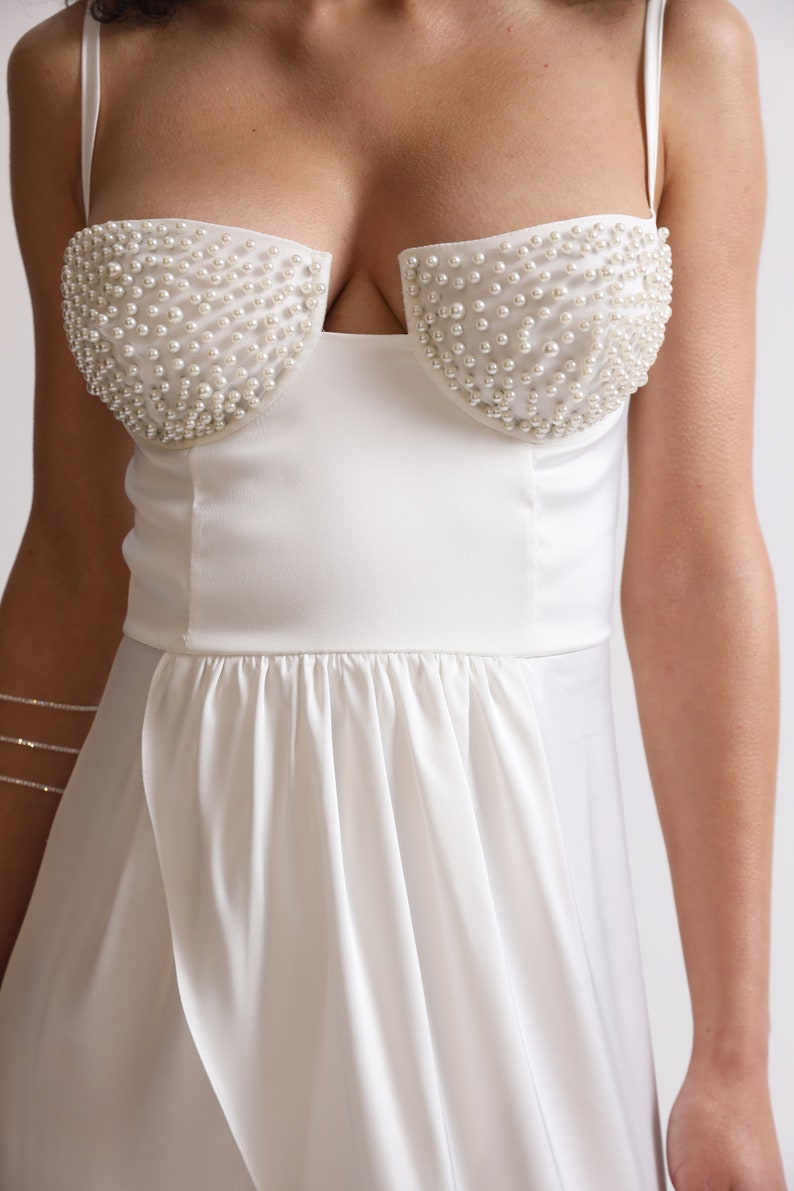 White simple wedding dress with designed bra pearl cup long rehearsal silk dress for bride Bridal dress Romantic dress Minimalist dress image 7