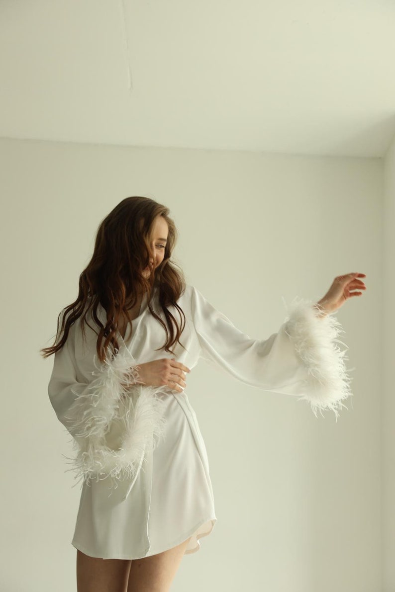Bridal Feather Robe, Short White Satin Silk Robe with Detachable Sleeves image 7