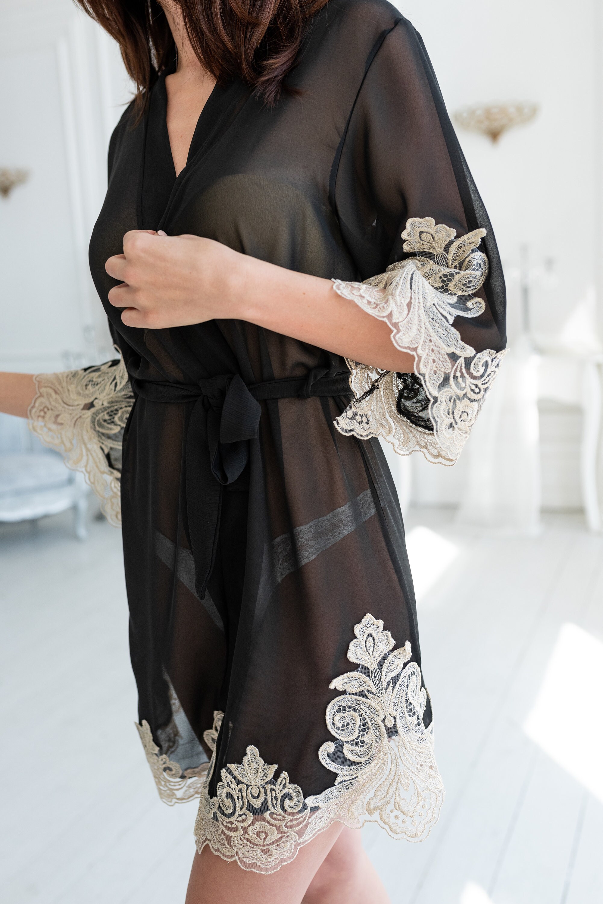 Black sheer kimono cardigan Silk dressing gown with lace long Etsy