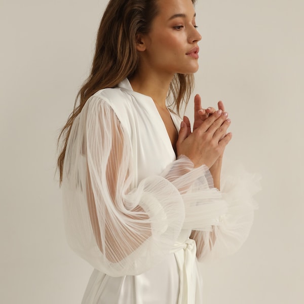 Bridal robe with wide sleeves Bride robe Long white robe Satin silk boudoir robe Dressing gown  Bridesmaid gift