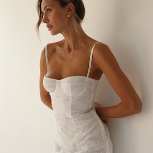 White super short bridal silk slip dress with lace Honeymoon sexy lingerie Women silk nightgown Boudoir wedding nightgown Short lace dress