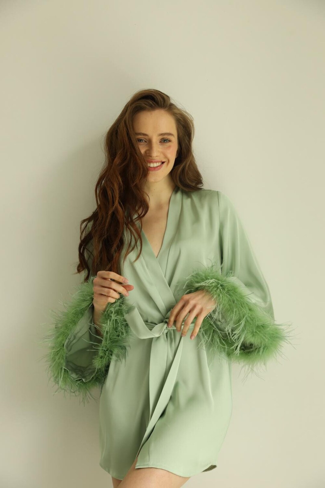 Red Bride Bridesmaid Tea-Length Robe with Feather