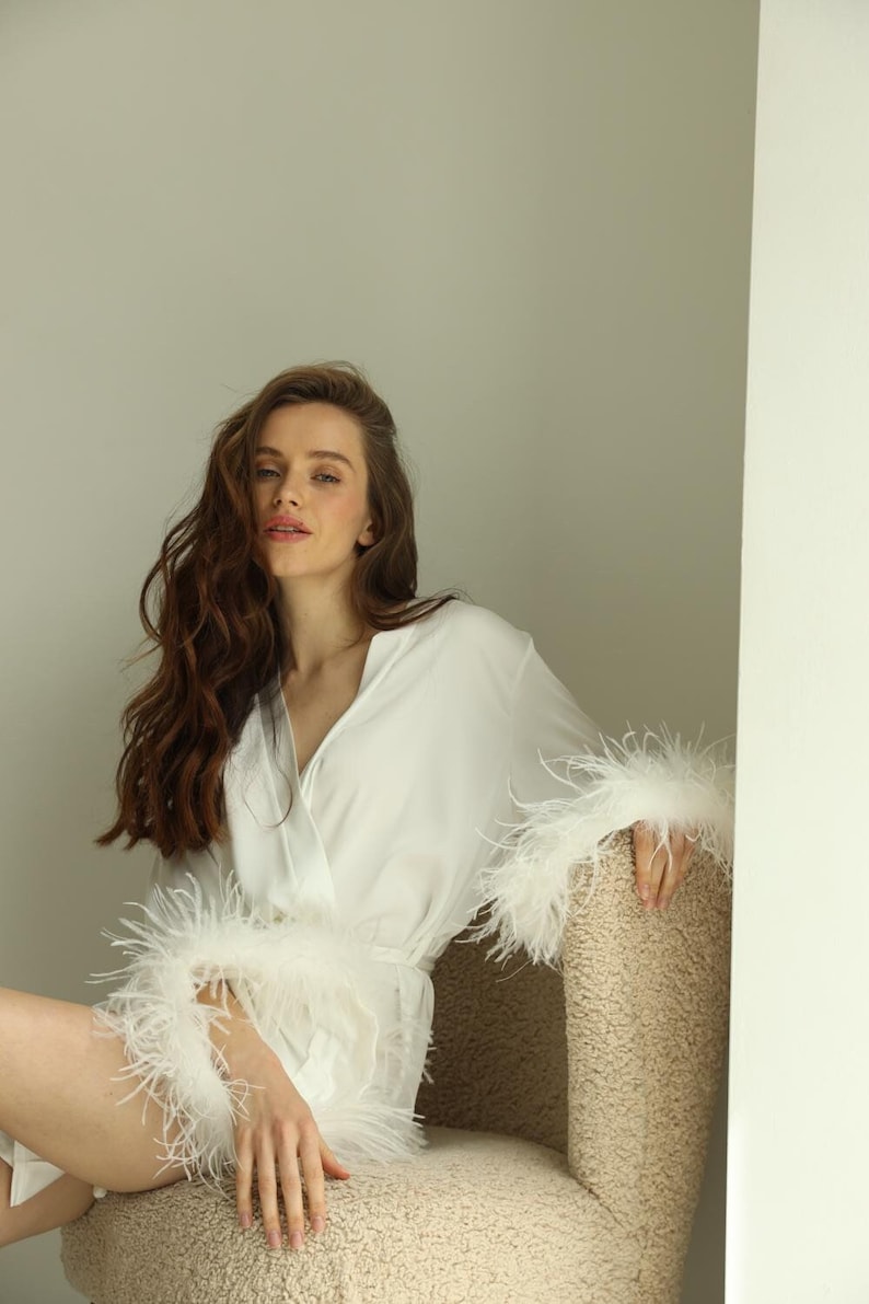 Bridal Feather Robe, Short White Satin Silk Robe with Detachable Sleeves image 1