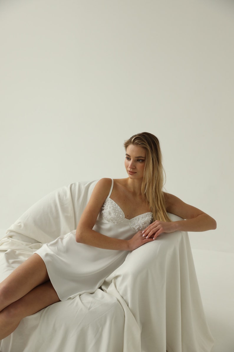 White bridal silk slip dress with pearls Honeymoon sexy lingerie Women silk nightgown Boudoir wedding nightgown Short lace dress image 8