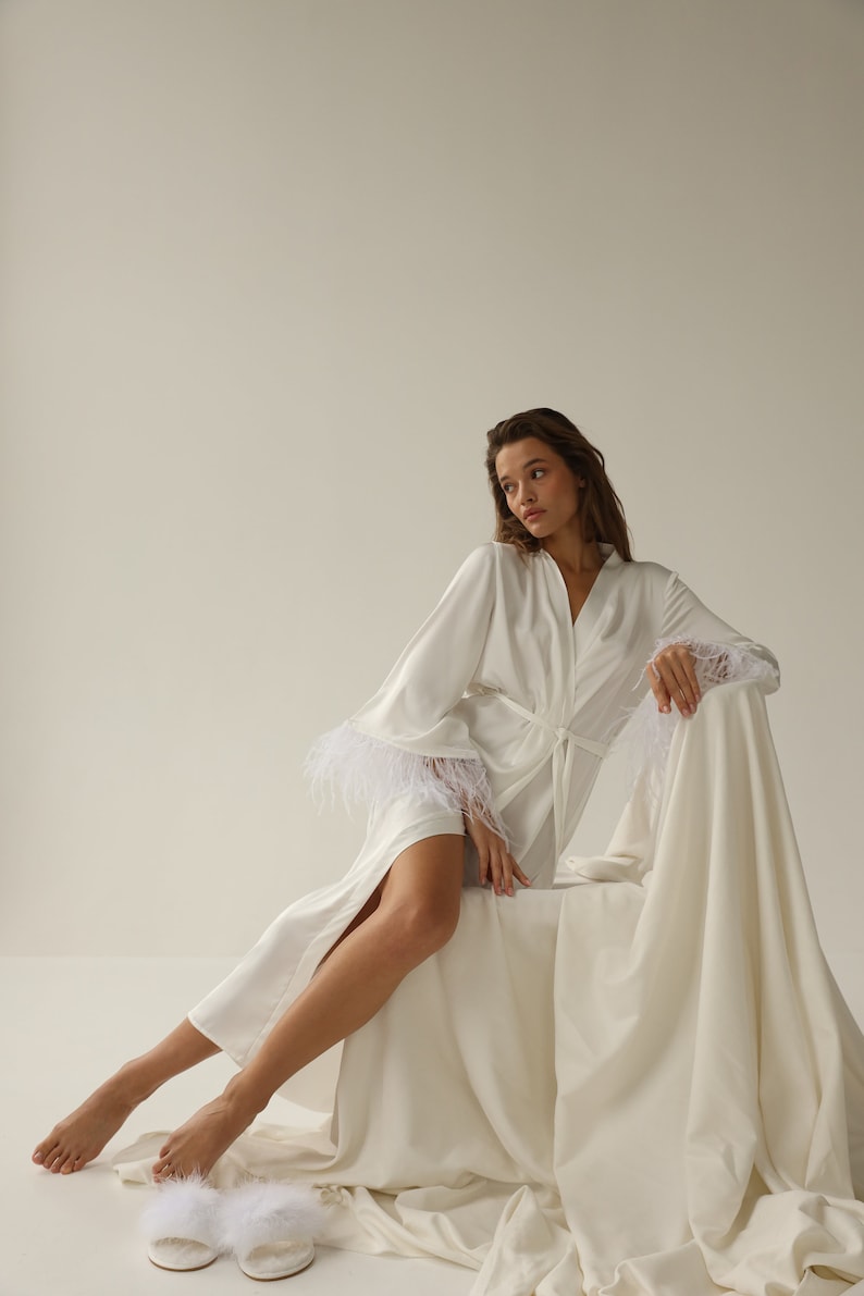 Bride robe with feather sleeves White boudoir robe Long silk robe Bridal lace robe Dressing gown Sheer robe Bridesmaid robes Bridesmaid gift image 3