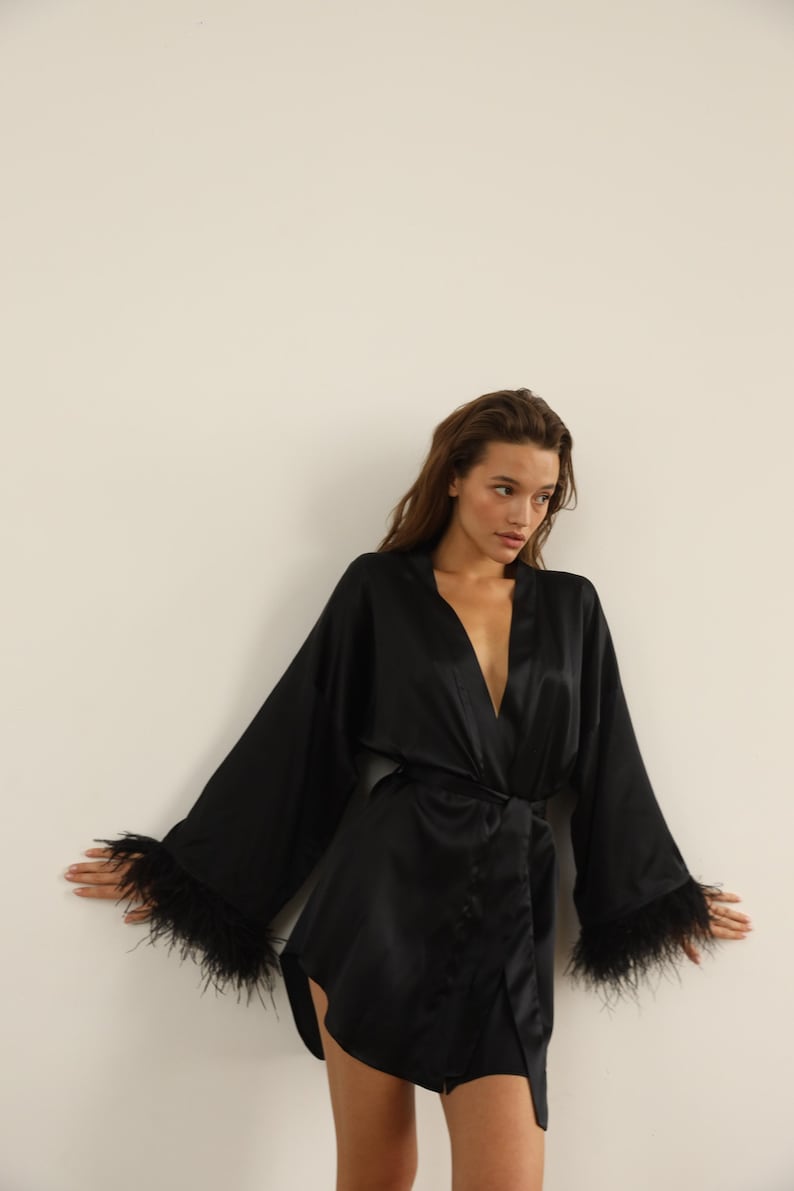 Silk kimono robe with feather Bride robe Black short robe with long sleeves Boudoir robe Bridal robe Dressing gown Bridesmaid gift image 1