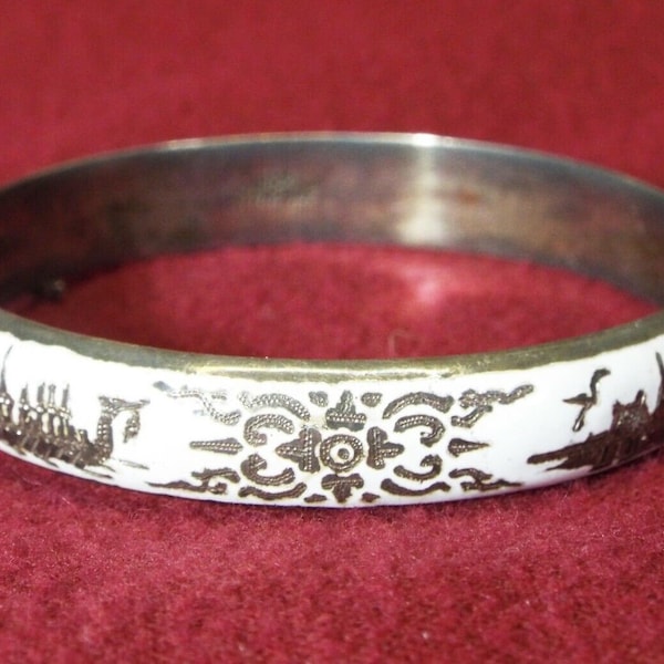 Old Antique Siam STERLING SILVER White Enamel Oriental Pattern Bangle BRACELET